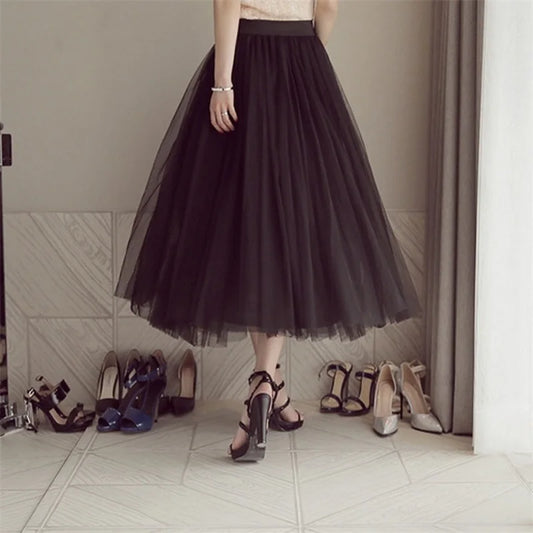 2023 Autumn Winter Vintage Tulle Skirt Women Elastic High Waist Mesh Skirts Long Pleated Tutu Skirt Female Jupe Longue
