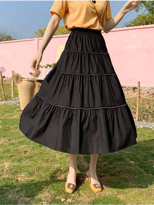 TIGENA Casual Solid Midi Long Skirt for Women 2023 Spring Summer Fahsion Rhinestone Decorate High Waist Mio-length Skirt Female